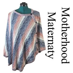 Motherhood Maternity Striped Knit Poncho Side Button Wrap Blue Coral L/XL